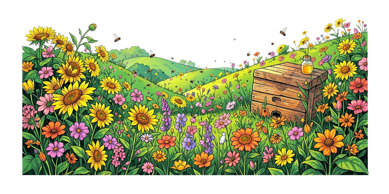 Illustrated hillside of sunflowers and wildflowers with a wooden beehive and a jar of honey