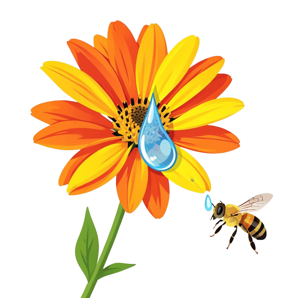 Illustration of a spray droplet falling onto an orange and yellow flower as a honey bee turns away