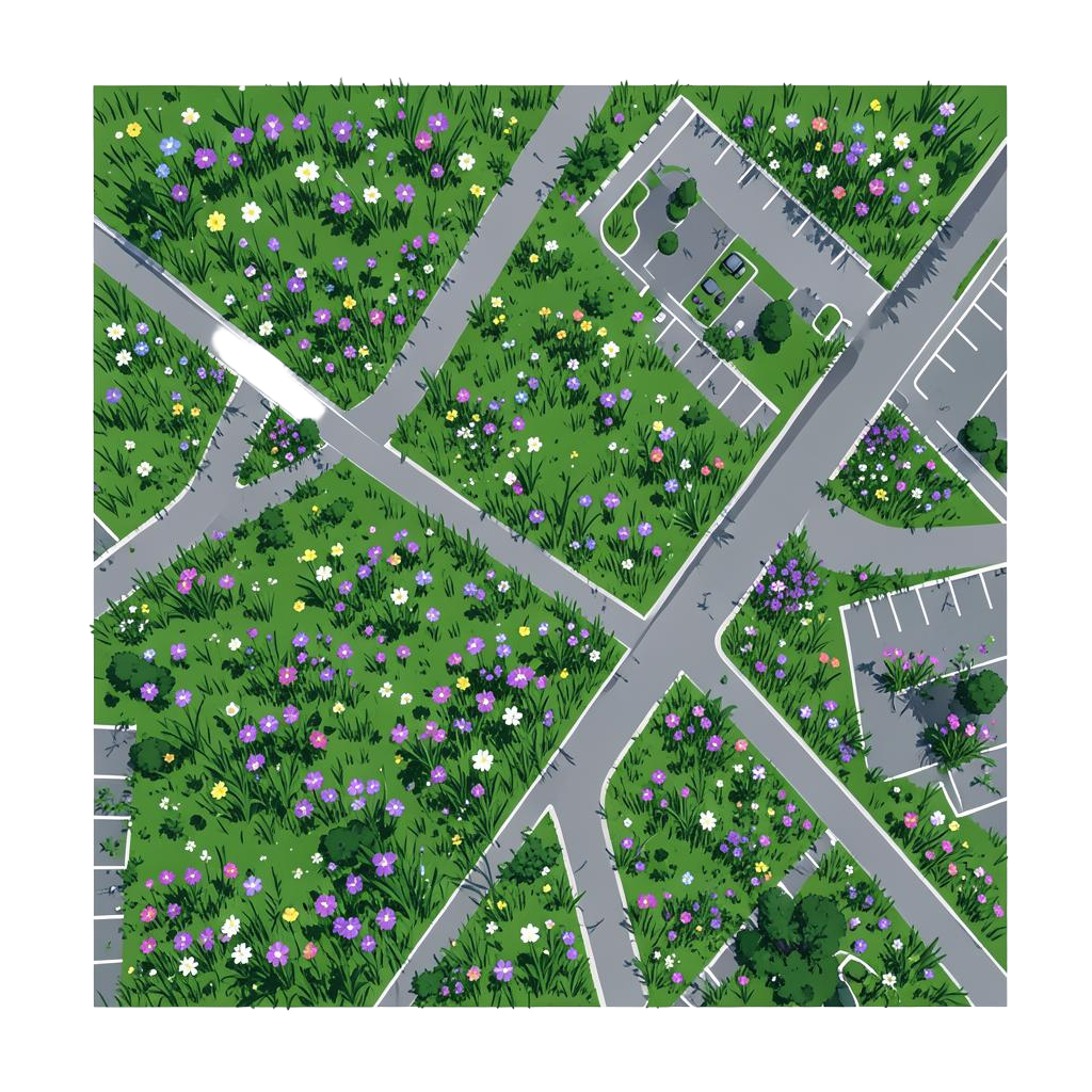 Aerial illustration of a wildflower meadow broken into fragments by roads and parking lots