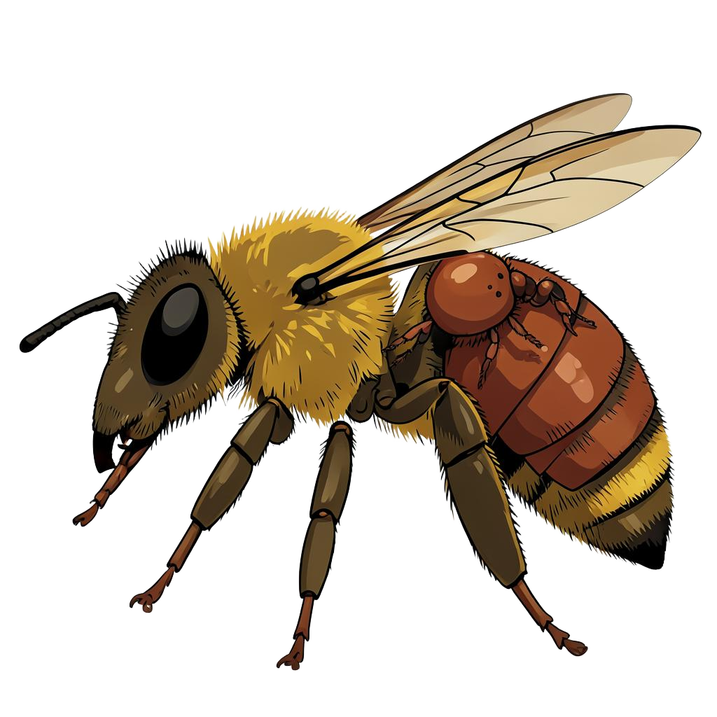 Scientific illustration of a honey bee with a reddish-brown Varroa mite attached to its body